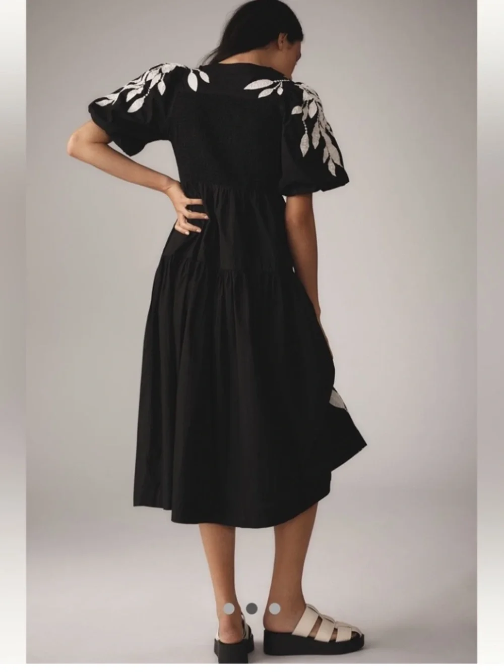 Anthropologie Black Midi Dress with White Leaf Embroidery - Picture 3 of 8